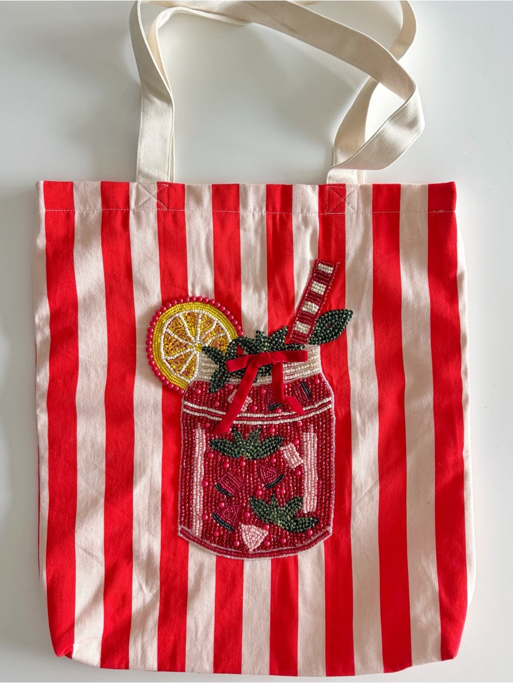 NEW Anthropologie beaded holiday drink large canvas tote